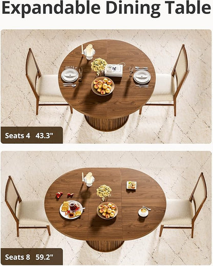43"-59" Extendable Round Dining Table with Hidden Storage, Modern Wooden Kitchen Table with Fluted Sliding Door Cabinet, Oval Dining Table for Dining Room Living Room, Walnut
