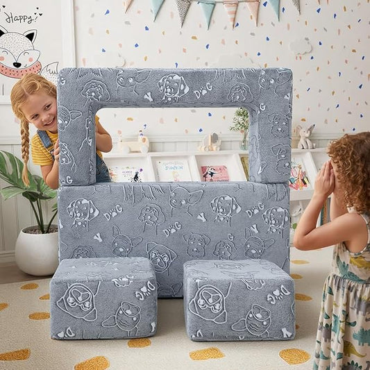 MeMoreCool Kids Sofa Couch, Glow-in-the-Dark Plush Cover, Convertible Foam Loveseat with Armrests & Pocket, Gray Dog Pattern, Playroom & Bedroom Children’s Furniture, 39" x 20" x 16"