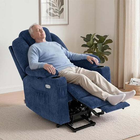 MCombo Power Lift Recliner Chair for Elderly, Lift Chair with Heat and Massage, USB&Type C Ports, Extended Footrest, Cup Holders, Fabric 7040 (Medium, Admiral)