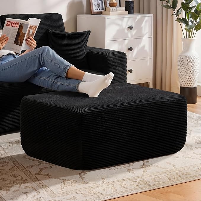 37" Plush Boneless Ottoman, Upholstered Cloud Footrest for Boneless Couch in a Box,Oversize Poufs for Living Room & Bedroom Sofa Ottoman,Comfy Seating with Dense Foam, Black (Corduroy Fabric)