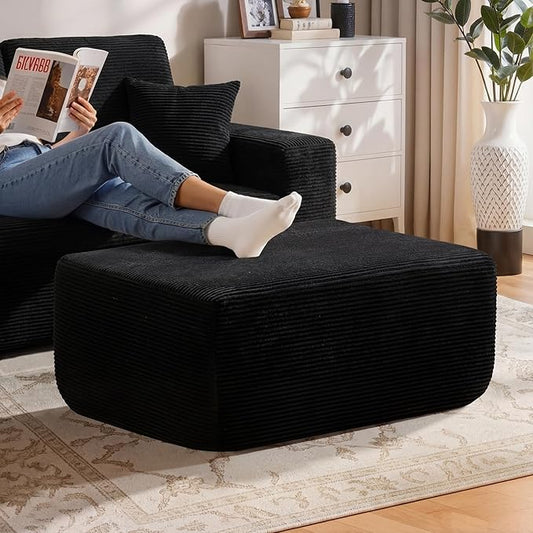 37" Plush Boneless Ottoman, Upholstered Cloud Footrest for Boneless Couch in a Box,Oversize Poufs for Living Room & Bedroom Sofa Ottoman,Comfy Seating with Dense Foam, Black (Corduroy Fabric)
