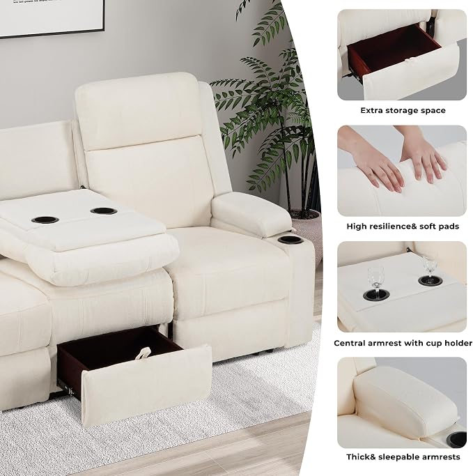 GUEAPY Large Manual Reclining Sofa 3-Seater Chenille Reclining Couch with Cup Holders, Wide Seat, Easy Assembly & Spill-Resistant Fabric Cozy Reclining Sofa for Living Room, Apartment, RV, Beige