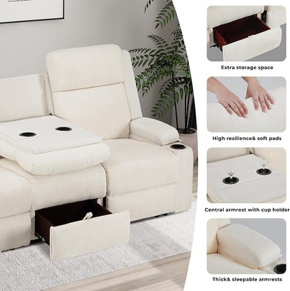GUEAPY Large Manual Reclining Sofa 3-Seater Chenille Reclining Couch with Cup Holders, Wide Seat, Easy Assembly & Spill-Resistant Fabric Cozy Reclining Sofa for Living Room, Apartment, RV, Beige