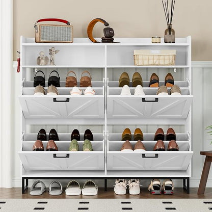 BORNOON Shoe Cabinet with 4 Flip Drawers Narrow Shoe Storage Cabinet Organizer Wooden Freestanding Shoe Rack Hidden Slim Shoes Storage Cabinet for Entryway, Hallway, Living Room, Bedroom