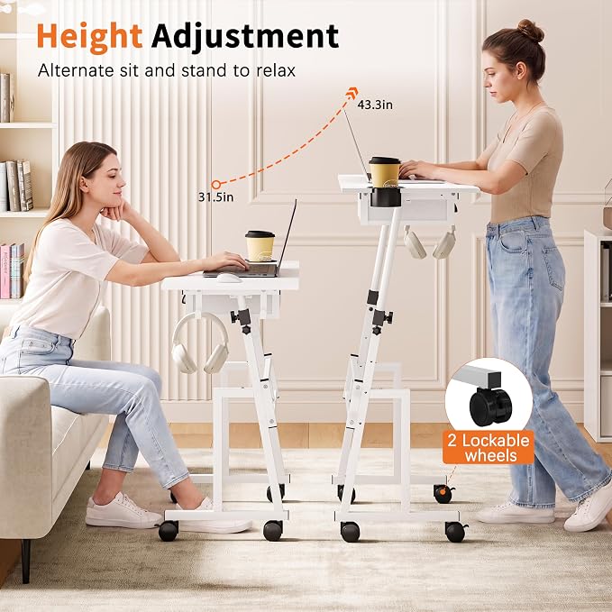 Honkazita Height Adjustable Standing Desk with Storage Drawer, Rolling Desk for Walking Pad, Small Sit-Stand Desk with Lockable Wheels, Height Range 31.5"-43.3", White, Stable Design
