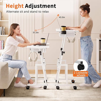 Honkazita Height Adjustable Standing Desk with Storage Drawer, Rolling Desk for Walking Pad, Small Sit-Stand Desk with Lockable Wheels, Height Range 31.5"-43.3", White, Stable Design