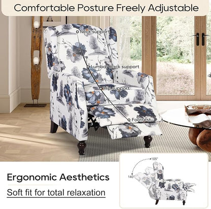 Upholstered Wingback Recliner Chair, Mid Century Modern Manual Push Back Recliner for Living Room, Bedroom (1, Blue Floral)