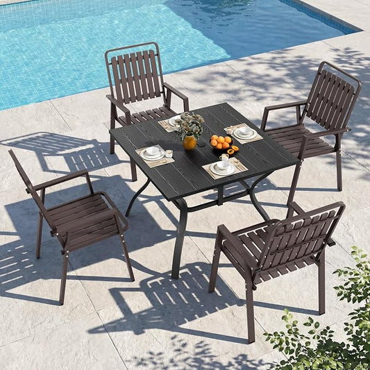 Outdoor Dining Set Rectangle Table and Chairs for 4, All Weather Patio Furniture Set with Umbrella Hole Metal Dining Set for Deck Backyard Pool (Black & Brown, 5-Piece(1 Table + 4 Chairs))