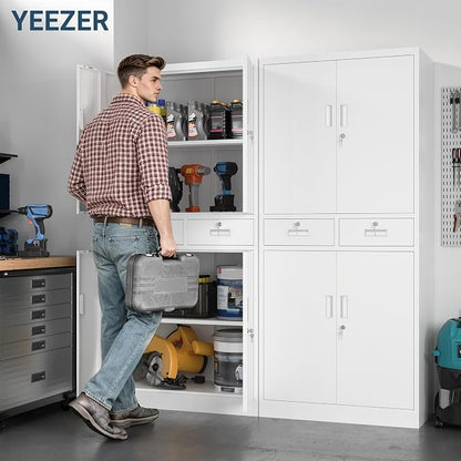 71" H Tall Metal Storage Cabinet with 2 Drawers, Metal Garage Storage Cabinet with Lock and 2 Adjustable Shelves for Home, Office, Garage, Warehouse Organize, White