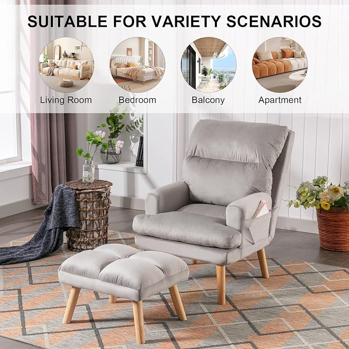 CANMOV Modern Accent Chair with Ottoman Set of 2, Soft Fabric Armchair with Adjustable Backrest and Side Pockets, Comfy Lounge Chair for Living Room, Bedroom, Apartment, Office, Grey