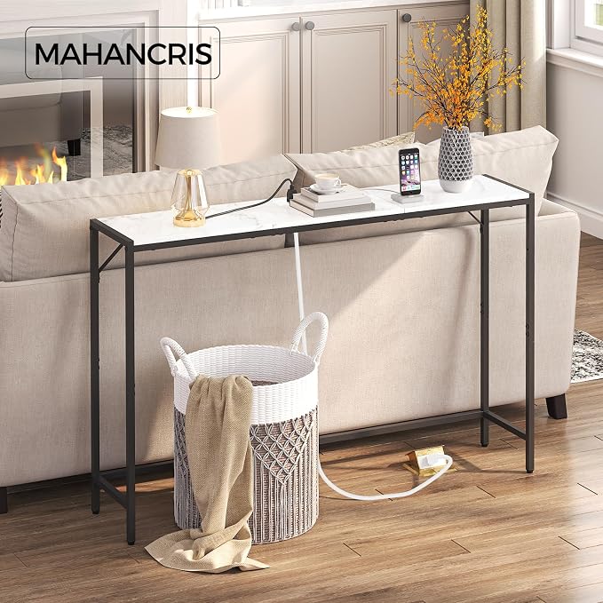 MAHANCRIS Console Table, Narrow Sofa Table Behind Couch, 43.7” Entrance Table with Power Station, Simple Style, for Living Room, Hallway, Entryway, Foyer, Marble and Black CTHM112E01