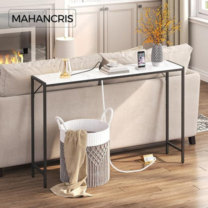 MAHANCRIS Console Table, Narrow Sofa Table Behind Couch, 43.7” Entrance Table with Power Station, Simple Style, for Living Room, Hallway, Entryway, Foyer, Marble and Black CTHM112E01
