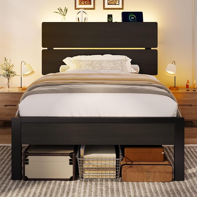 SHA CERLIN Twin Size Bed Frame with Led Light & Built-in Charging Station, Wooden Headboard with Storage Shelf, Metal Platform Bed, Under Bed Storage, No Box Spring Needed, Noise Free, Black