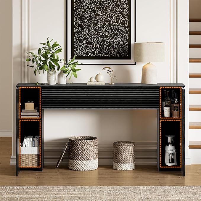 FABATO 61'' Fluted Long Console Table, Wooden Rectangular Sofa Table Behind The Couch, Narrow Entryway Table with 2 Hidden Storage Cabinets for Entrance, Hallway, Living Room, Foyer, Black