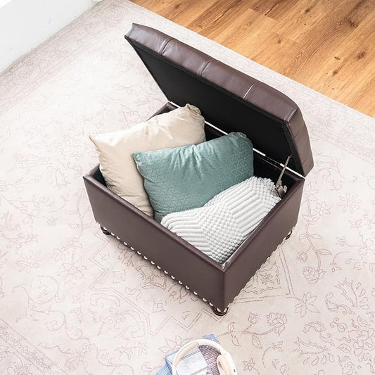 Joveco Faux Leather Storage Ottoman Bench Rectangle 24 Inch Foot Rest Ottomans (Brown)