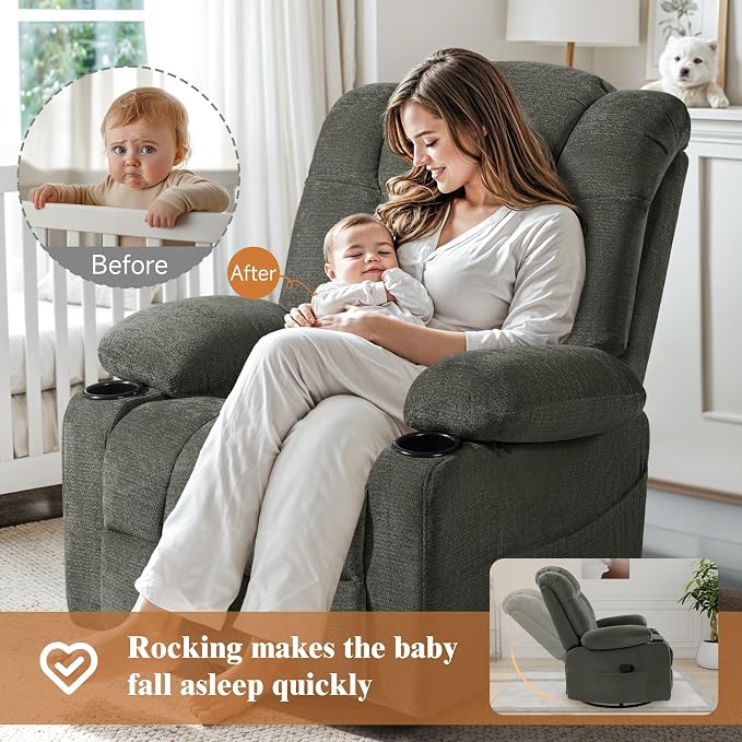 Swivel Rocker Recliner Chair for Adults – Manual Glider Sofa with Massage, Heat & Vibration, 360° Rocking for Living Room (Dark Gray, 30"x30"x40")