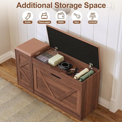 34" Storage Bench with Flip Drawers and Barn Doors, Adjustable Shelf, Flip-up Cabinet & Padded Cushion - Space-Saving Shoe Cabinet, Organizer for Entryway, Hallway, Bedroom