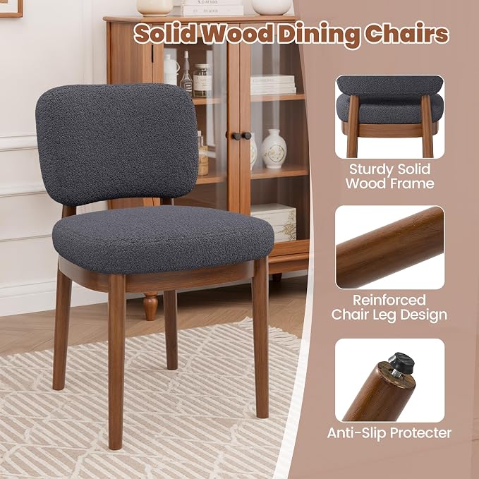 Wooden Dining Chairs Set of 4, Boucle Upholstered Kitchen Chairs with Solid Wood Legs, Mid Century Modern Dining Chairs, Farmhouse Side Chair with Hardwood Frame for Dining Room, Dark Gray