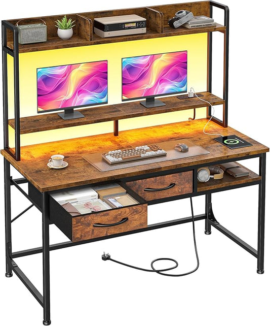 DurayLoly 39.4" Office Desk with Shelves & Monitor Stand, Computer Desk with Hutch&Drawers, LED Lights & Power Outlet, for Modern Home Office & Bedroom, Small Space, Rustic Brown