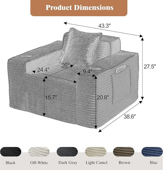 3 Pcs Living Room Cloud Sofa Set, Boneless Sofa Couch with Cup Holder and Side Pocket for Compact Living Rooms, Apartments (Beige White, Single Chair + Loveseat+ 3 Seat Sofa)