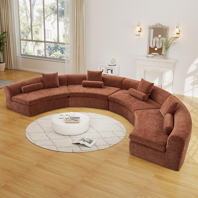 AVZEAR Curved Modular Sectional Sofa, Chenille Upholstered Cloud 4 Seater Couch for Living Room, No Assembly Modern Love Seat Sofa with 4 Bolster Pillows & 4 Square Pillows, High-Density Foam, Orange