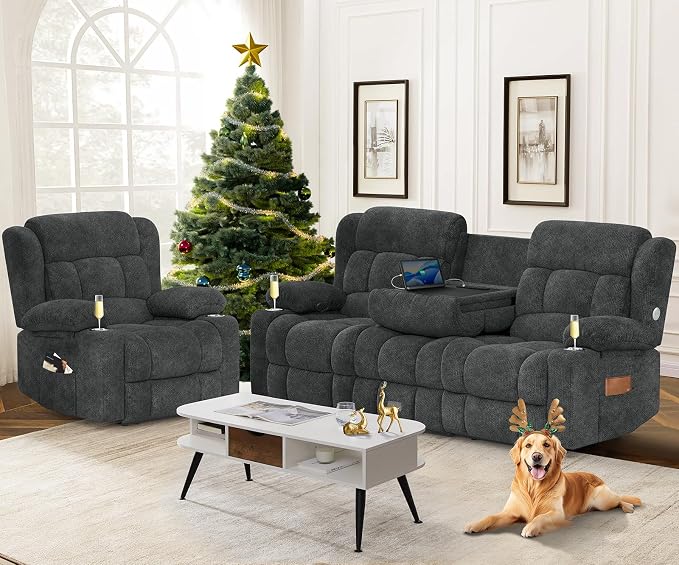 Dresegmt Loveseat Recliner Sofa Set, Flip Middle Backrest Design 3 Seater Reclining Sofa and Single Oversized Recliner Chair, Manual Couches for Living Room/RV (Gray, 3+1)