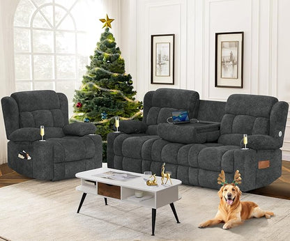 Dresegmt Loveseat Recliner Sofa Set, Flip Middle Backrest Design 3 Seater Reclining Sofa and Single Oversized Recliner Chair, Manual Couches for Living Room/RV (Gray, 3+1)