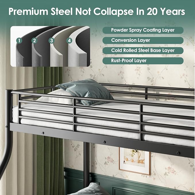 Twin XL Over Queen Bunk Bed Size, Heavy Duty Bunk Beds with Bottom Space & Guardrail Metal Bunk Bed Frame for Adults Dorm Bedroom Guest Room, No Box Spring Needed（Upgrate Black）