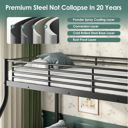 Twin XL Over Queen Bunk Bed Size, Heavy Duty Bunk Beds with Bottom Space & Guardrail Metal Bunk Bed Frame for Adults Dorm Bedroom Guest Room, No Box Spring Needed（Upgrate Black）
