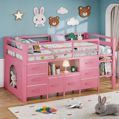 Einhomn Twin Low Loft Bed with 8 Drawers, Bookshelf, Heavy Duty Metal Kids Loft Bed with 13 Inch Safety Guardrail, Play Curtain, Under-Bed Play Area - Pink