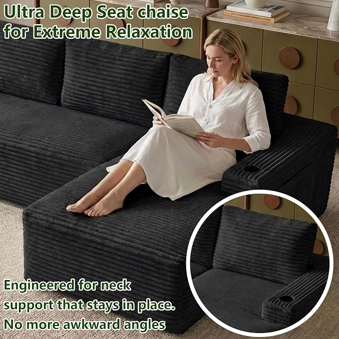 104.3" Modular Sectional Sofa,Modern Corduroy Cloud Couch with Cup Holder & Side Pockets,Boneless Couch Upholstered 4-Seater L-Shaped Sofa for Living Room,No Assembly (Black, Right-Facing Chaise) | with Cup Holder