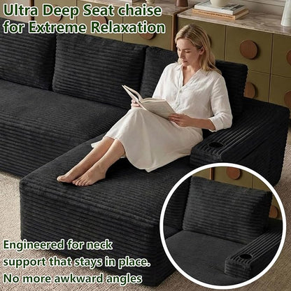 104.3" Modular Sectional Sofa,Modern Corduroy Cloud Couch with Cup Holder & Side Pockets,Boneless Couch Upholstered 4-Seater L-Shaped Sofa for Living Room,No Assembly (Black, Right-Facing Chaise) | with Cup Holder