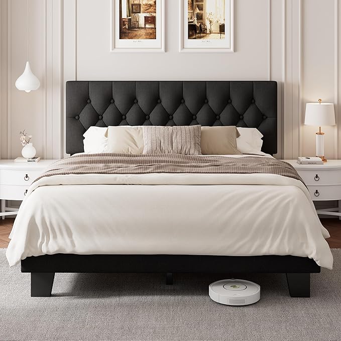 Einhomn Full Upholstered Bed Frame with Headboard, Button Tufted Linen Bed Base, Platform Bed with Wood Slat, Heavy Duty, Easy Assembly, No Box Spring Needed, Black