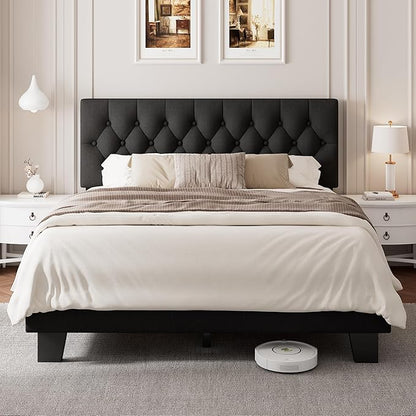 Einhomn Full Upholstered Bed Frame with Headboard, Button Tufted Linen Bed Base, Platform Bed with Wood Slat, Heavy Duty, Easy Assembly, No Box Spring Needed, Black