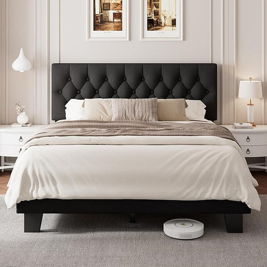 Einhomn Full Upholstered Bed Frame with Headboard, Button Tufted Linen Bed Base, Platform Bed with Wood Slat, Heavy Duty, Easy Assembly, No Box Spring Needed, Black