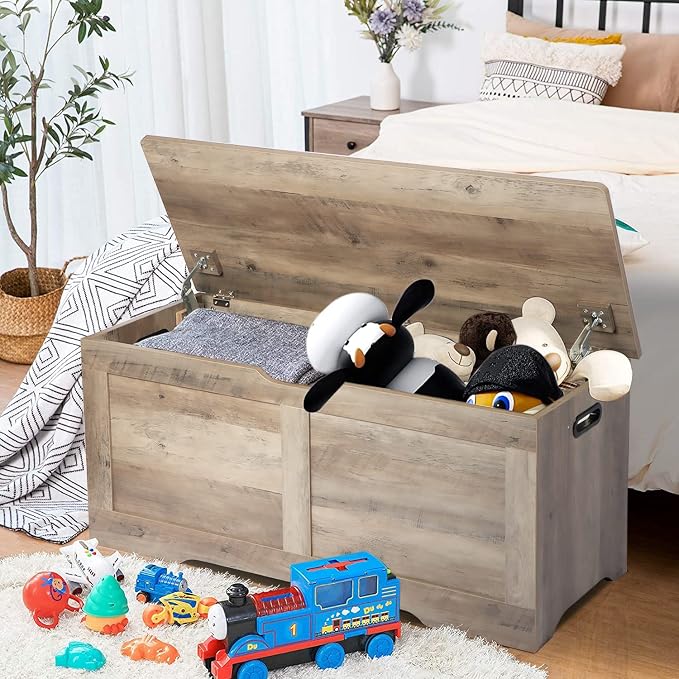 Timberer 39.4" Storage Chest, Wooden Storage Bench, Lift Top Toy Chest with 2 Safety Hinges, Large Toy Box, Entryway Bench for Living Room, Bedroom, Grey