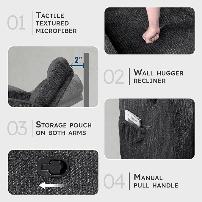 Lexicon Manual Reclining Sofa, Textured Microfiber Recliner Sofa, Wall Hugger, Track Arms, Magazine Pockets, Manual Dual Recliners Couch for Living Room/Office/Apartment, Easy Assembly, Dark Gray