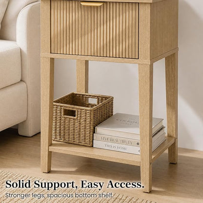 Natural Oak 15" Wide Small Nightstand with Drawer, Open Shelf, Fluted | Light oak tone, ribbed fluted front, 11.8-inch slim depth, concealed storage, airy fit for bedside, sofa side, or chair side