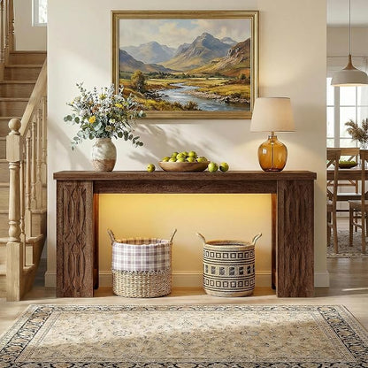 Cyclysio 63" Console Table with Outlet, Farmhouse Entryway Table with Colorful LED Lights, Wooden Sofa Table with Unique Carved Design, Foyer Accent Table for Entrance, Hallway, Living Room