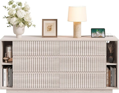 Whalefall 63 Inch Fluted 6 Drawers Dresser with Shelves, White Alder | Large Chest of Drawers for Bedroom, Mid Century Modern, Wood Closet Storage Organizer, Pedestal TV Stand for Living Room