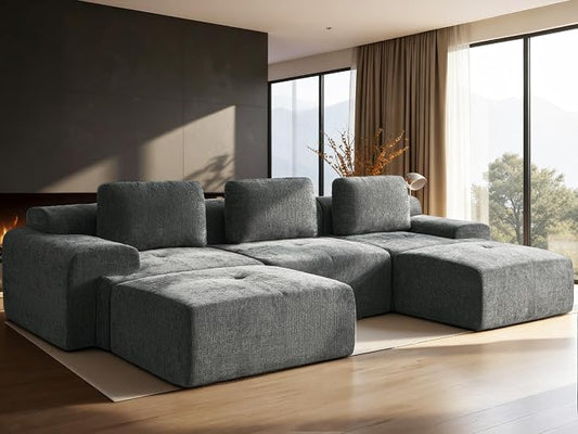 122" U-Shaped Modular Sectional Sofa, Oversized Boneless Cloud Couch for Living Room with Extra Deep Seat & High Back, Tool-Free No Assembly, Soft Chenille (Dark Grey, 122 inch-U Shaped（3+2）)
