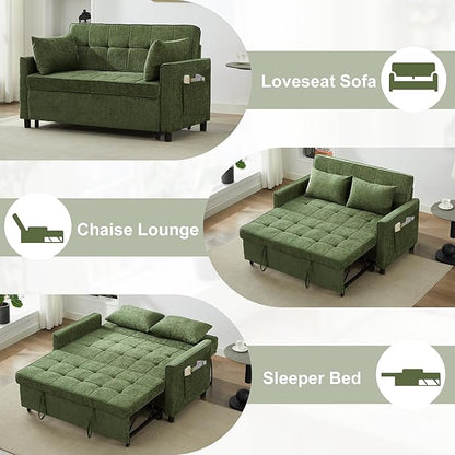 Tbfit 57" Loveseat Sleeper Convertible Sofa Bed, Futon Couch with Pullout Bed, USB & Adjustable Backrest, Chenille Full Size Pull Out Couches for Living Room, Apartment, Office, Dorm, RV, Green