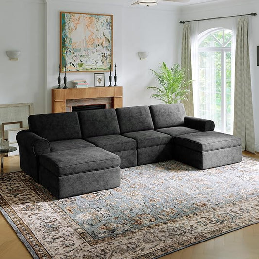 Novilla 138" Modular Sectional Sofa, Modular Sectional Couches for Living Room, Chenille Removable Cover Boneless Couch with Smarts Coil® Support U-Shaped Couch(Dark Grey, 4 Seater + 2 Ottoman)