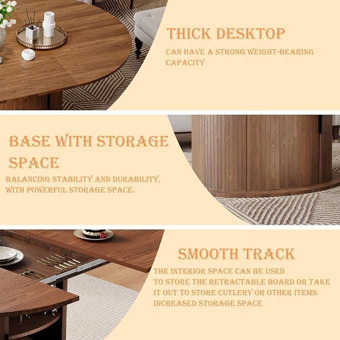 Dining Table for 4-6, 63“Extendable Round Dining Room Kitchen Table with 2-Tier Storage Shelf, Fluted Wood Table with Slide Door, Expandable Wood Oval Dinner Furniture with Pedestal Base (Walnut)