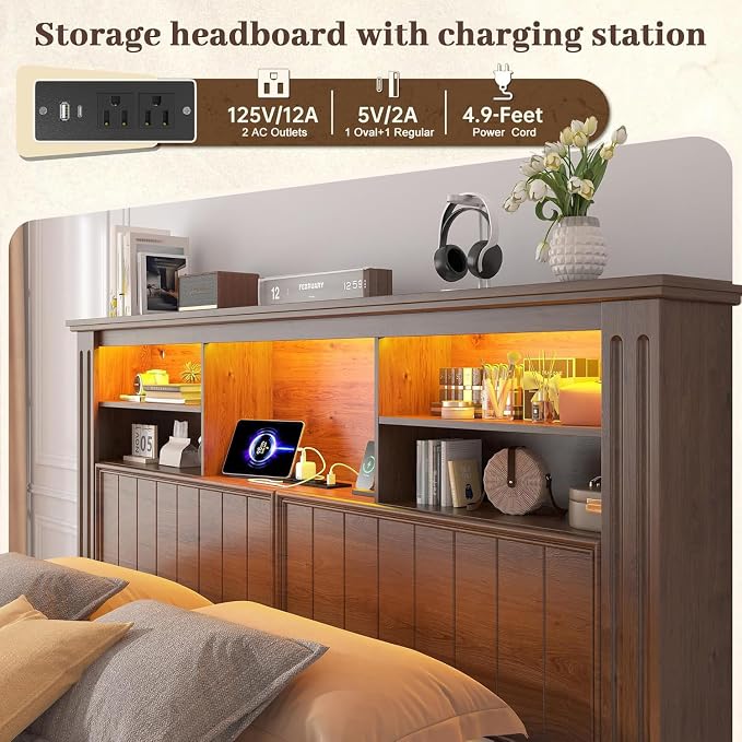 EnHomee Full Size Bed Frame with Storage Headboard and 4 Drawers,Charging Port & LED,No Box Spring Needed,Heavy-Duty Structure,Noise,-Free,Vintage Brown