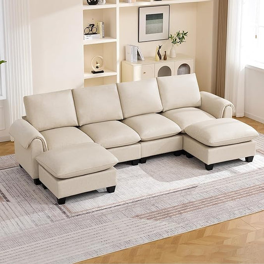 118" Faux Leather Modular Sectional Sofa with 2 Ottoman, Oversized 4 Seater Couch with Curved Armrests, Cloud Modern U-Shaped Sofa Deep Seat for Living Room, Beige