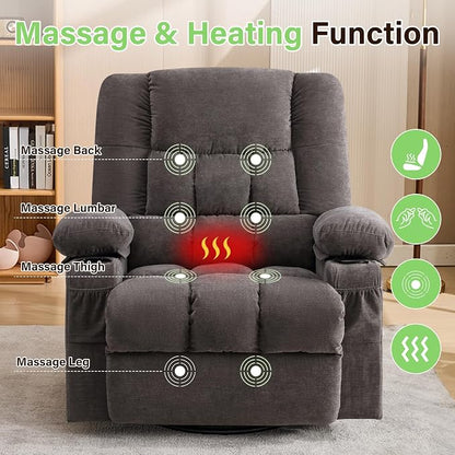 BOSMILLER 360° Swivel Rocker Recliner Chair for Adults,Oversized Recliner Chair with Massage and Heating, Manual Nursery Glider Recliner with Cup Holder and Side Pocket for Living Room, Bedroom,Grey
