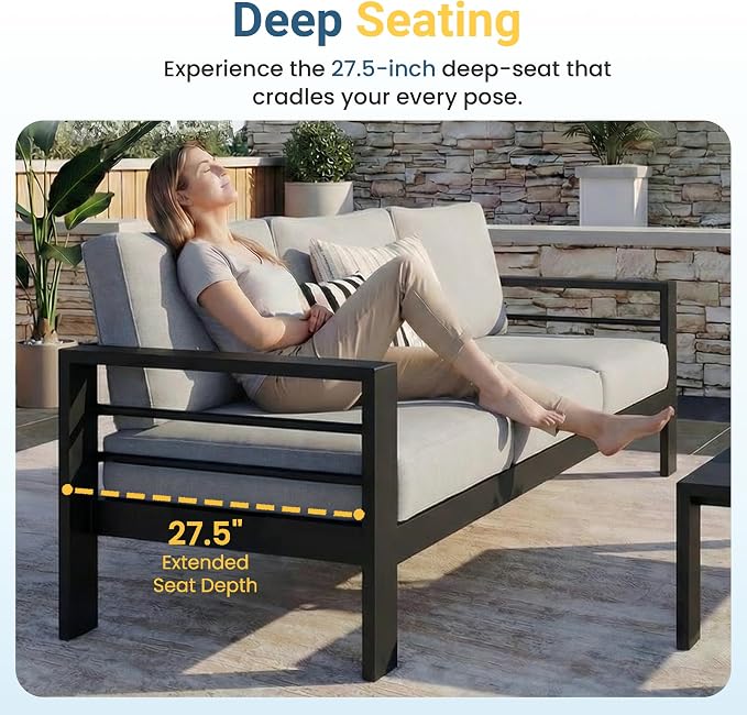Wisteria Lane Aluminum Outdoor Sofa, 2 Pieces Patio Couch All-Weather Rust-Proof Modern Metal Patio Furniture with 5" Thick Olefin Cushions, Light Grey