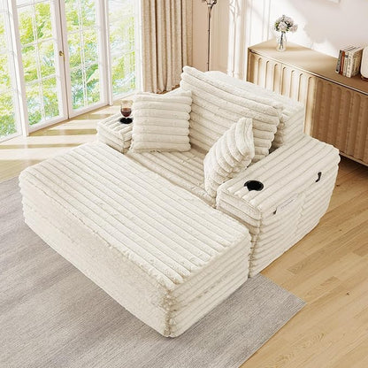 5-In-1 Oversized Chaise Lounge Chair Indoor with Ottoman,54.5"W Faux Fur Convertible Folding Sleeper Sofa Bed with Cup Holder&Side Pocket,Comfy Boneless Couch Sofa Chair for Living Room,Bedroom(Beige)