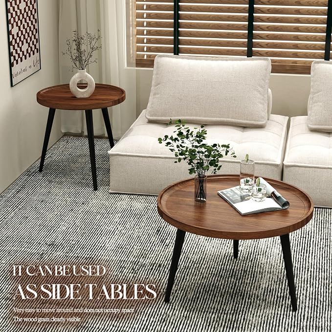 2 Pcs Mid Century Modern Coffee Table Round for Living Room,Easy Assembly Nesting Coffee Tables,Minimalist Circle Walnut Coffee Table for Bedroom Office Balcony Yard
